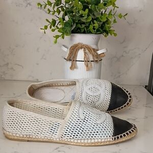 CHANEL White and Black Mesh Espadrilles